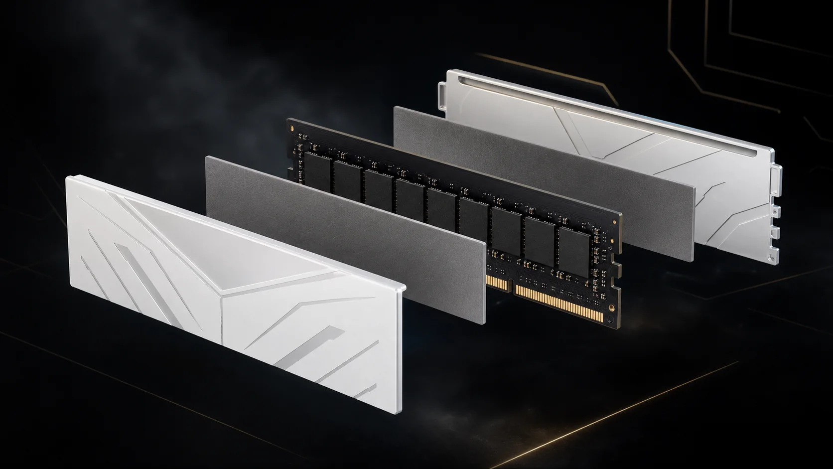 Conceptual exploded view showing RAM heatsinks, thermal pads and memory chips