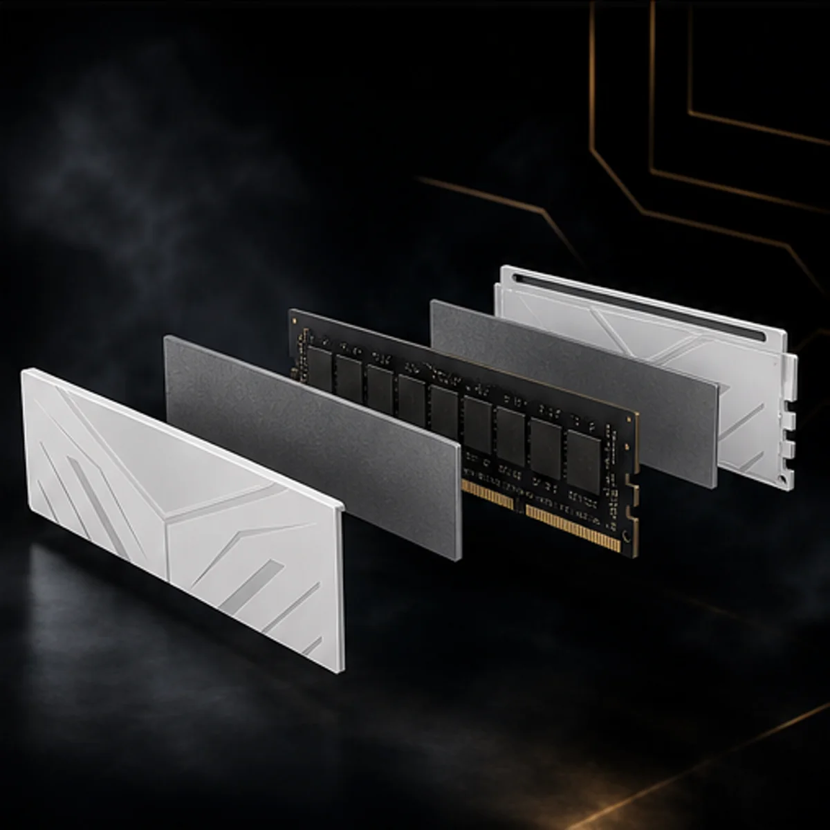 RAM teardown frame 6: exploded RAM with heatsinks, thermal pads and PCB